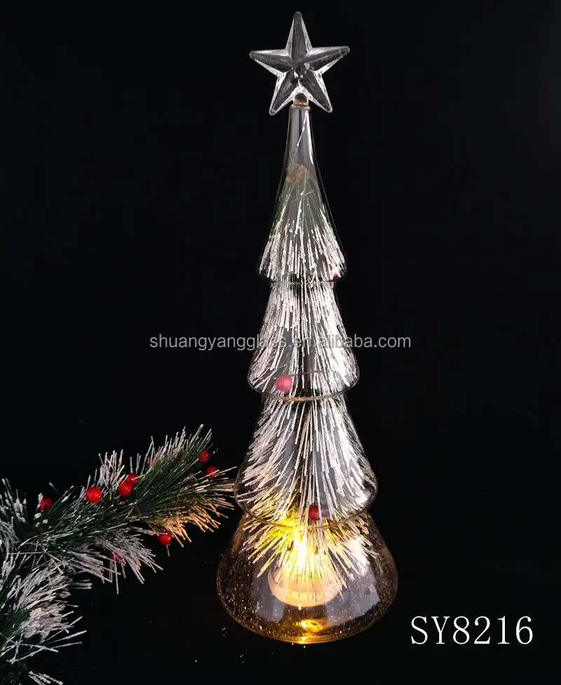 Christmas Table Decoration With Snow Powder And Green Pine Needles Inside 10*33 Cm Clear Light LED Light Glass Christmas Tree