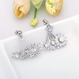 LUOTEEMI Wholesale Women Classic Rhodium Plated White Pearl CZ Crystal Flower Double Sided Jackets <strong>Ear</strong> <strong>Cuff</strong> <strong>Earrings</strong> - Product Image 5