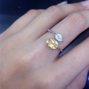 Anel de noivado 925, joia de prata ajustável amarela citrina natural de cristal