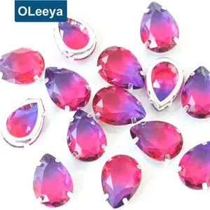 Wholesale Waterdrop Clear Point Back Tourmaline Teardrop Glass Sew On Rhinestones With Silver Hollowed Out Claw For Clothes
