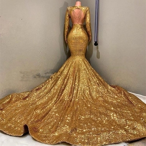 Sâu V cổ nàng tiên cá vàng prom Dresses 2025 lấp lánh sequined dài tay áo bên Dresses Evening gowns - Product Image 2
