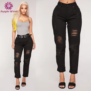 Design personnalisé de haute qualité en coton denim <span class=keywords><strong>noir</strong></span> <span class=keywords><strong>jean</strong></span> style déchiré pour les dames - Product Image 1