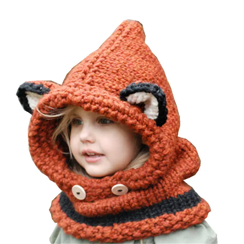 Fashion Child Winter Black Knitting Wool Fox Soft Warm Hats For Baby Girls Shawl Hooded Cowl Beanie hat For 4-8 Years Kids