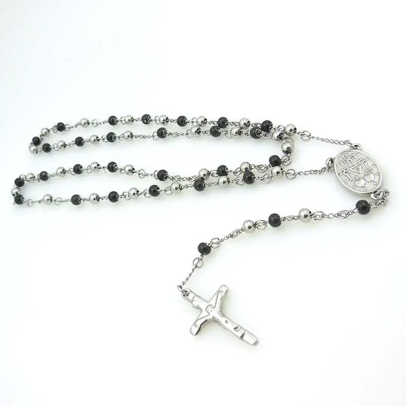 Silver Black Beads Stainless Steel Long Chain Rosary Necklace With Catholic Cross