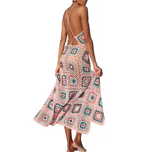 时尚棉手工长波西米亚裙性感夏季海滩穿女人钩针马克西礼服