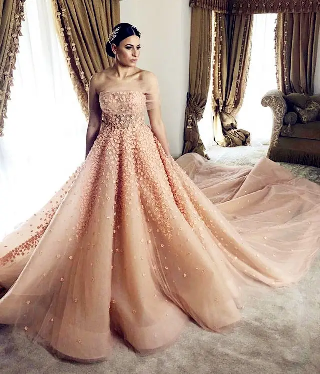 Abito da sposa arabo Blush turchia senza spalline fiori fatti a mano Tulle abiti da sposa di marca abito da sposa a coda lunga de mariage