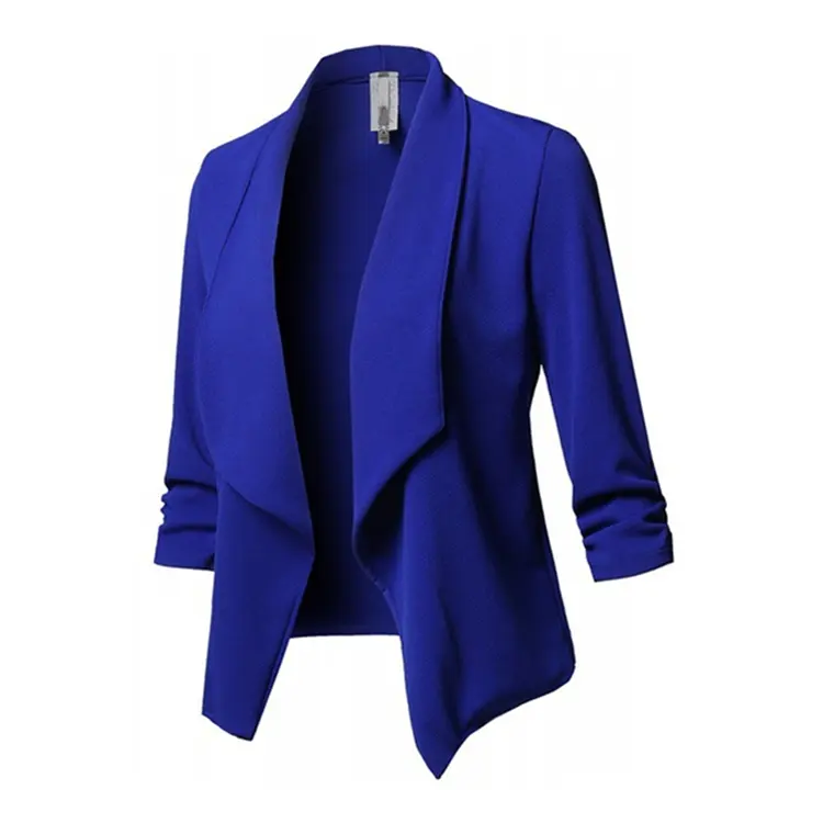 2022 Stylish Women's Stretch 3/4 Gathered Sleeve Open Work Office Blazer Jacket