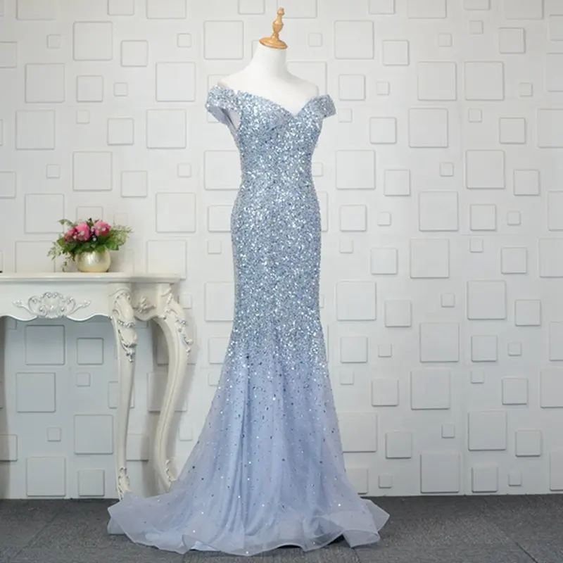 Màu Xanh/Champagne Toàn Bộ Trong Đính Cườm Sequin Trumpet Tắt Vai Của Phụ Nữ Evening Dresses Phong Cách Châu Âu Tùy Chỉnh Thực Hiện Evening Gowns