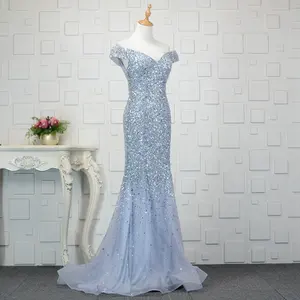 Blue/Champagne Whole In Beaded Sequins Trumpet Off Shoulder Women's Evening Dresses European Style Custom Made Evening Gowns
