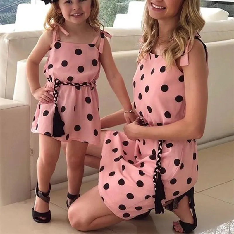 Summer Hot Parent-child Clothing Sleeveless Belt Polka Dot Print Dress Women