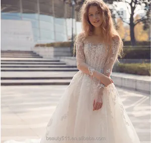 Gaun Pengantin Lengan Tiga Perempat Renda Elegan Elegan Sederhana Gaun Pengantin Longtail Leher-v TS119