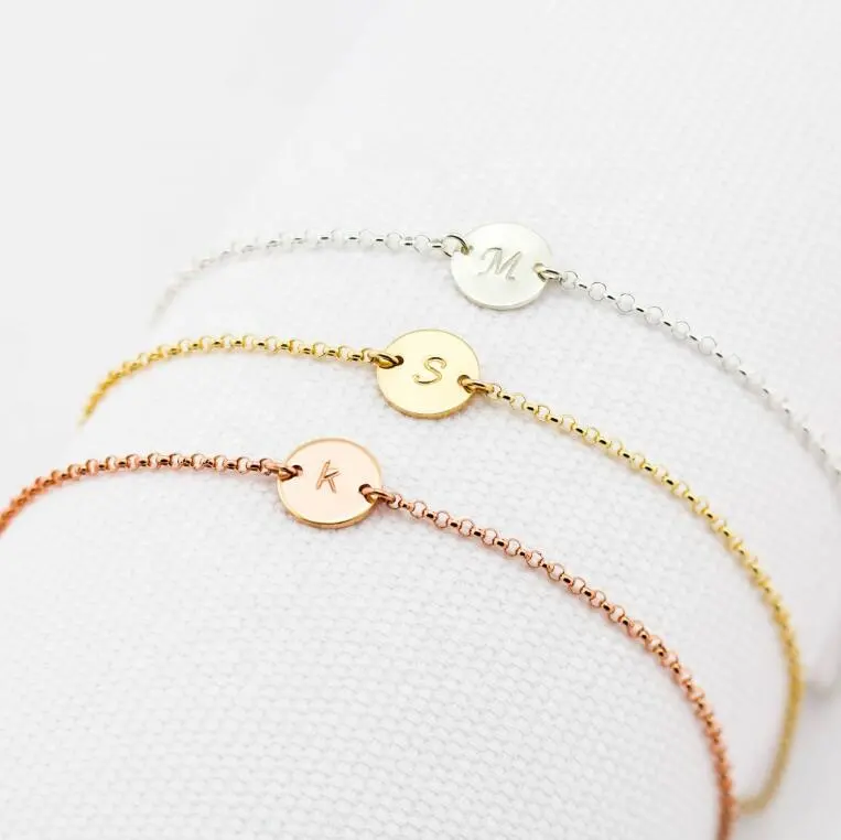 Best selling Wedding Jewelry Personalized Single Tiny Letter Stamped 9MM Round Coins Initial Disc Bracelet