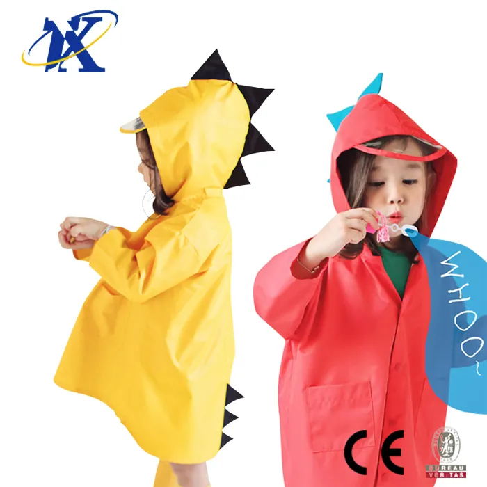 PVC coated hooded child raincoats cartoon dinosaur raincoat for kids