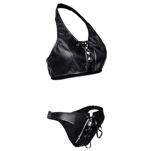 Set di reggiseno e slip in <span class=keywords><strong>pelle</strong></span> Sexy Lingerie da <span class=keywords><strong>donna</strong></span> con lacci da <span class=keywords><strong>donna</strong></span> per abbigliamento da discoteca con prezzi all'ingrosso della fabbrica di Guangzhou - Product Image 5