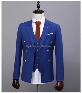 Resmi erkek takım elbise Slim Fit damat smokin düğün takımları Mens 3 adet (ceket + pantolon + yelek) NA37 kraliyet mavi
