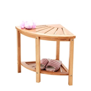 Eco-friendly Bamboo Corner Shower Bench 2-Tier Bathroom Storage Shelf Indoor Outdoor Bath/Spa Corner Stool