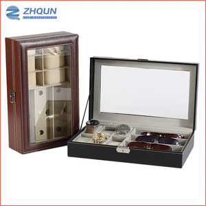 Черный коричневый кожаный 6 часов 3 Солнцезащитные очки комбинированный Дисплей Коробка для хранения со стеклянной крышкой для домашнего использования - Product Image 5