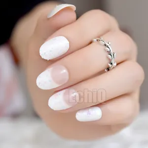 Colorful Glitter White French Fake Nails Round Head False Full Press on Nails for Girl Bride Office Daily Wear Nail Art Tips