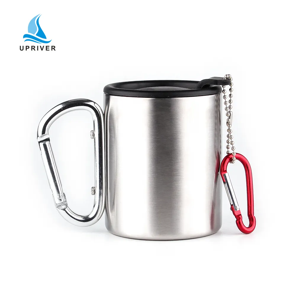 Çift duvar paslanmaz çelik seyahat kupası karabina kolu ile taşınabilir metal kamp kahve fincan