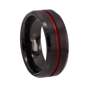 CHENG JEWELERS Fashion perhiasan 8mm ip hitam berlapis baja tungsten pria band merah resin cincin tatahan