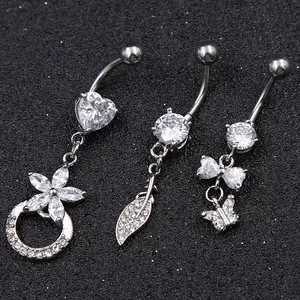 Ensemble de bagues en Zircon CZ, piercing pour le nombril, bijoux corporel, en forme de fleur, papillon et cœur Long Dangle, en acier chirurgical, piercing