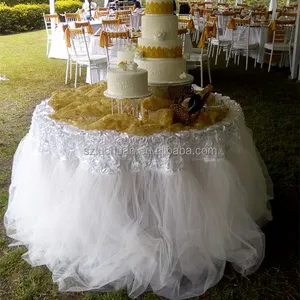 로맨틱 로제트와 얇은 명주 그물 테이블 스커트 웨딩 테이블 스커트 디자인