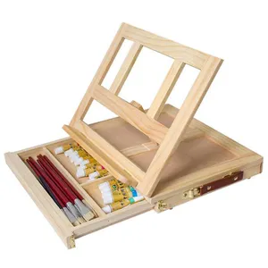 Wooden Table Easel With 3 Grid Paint Brushes Organizer Box Pigment Holder Artist Portable Easels