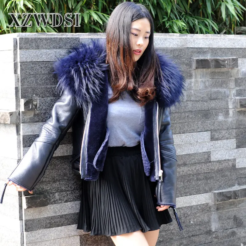 CX-G-A-21C Short Style Genuine Leather Sheepskin Navy Winter Sheep Fur Jacket For Woman