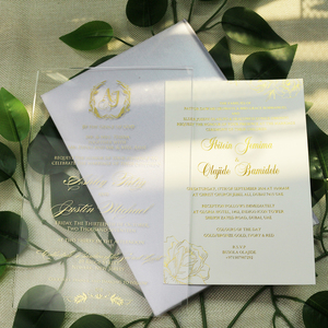 Dossier de cartes d'invitation de mariage en acrylique transparent fantaisie personnalisé unique feuille d'or avec enveloppe rigide en soie blanche pour mariage - Product Image 3