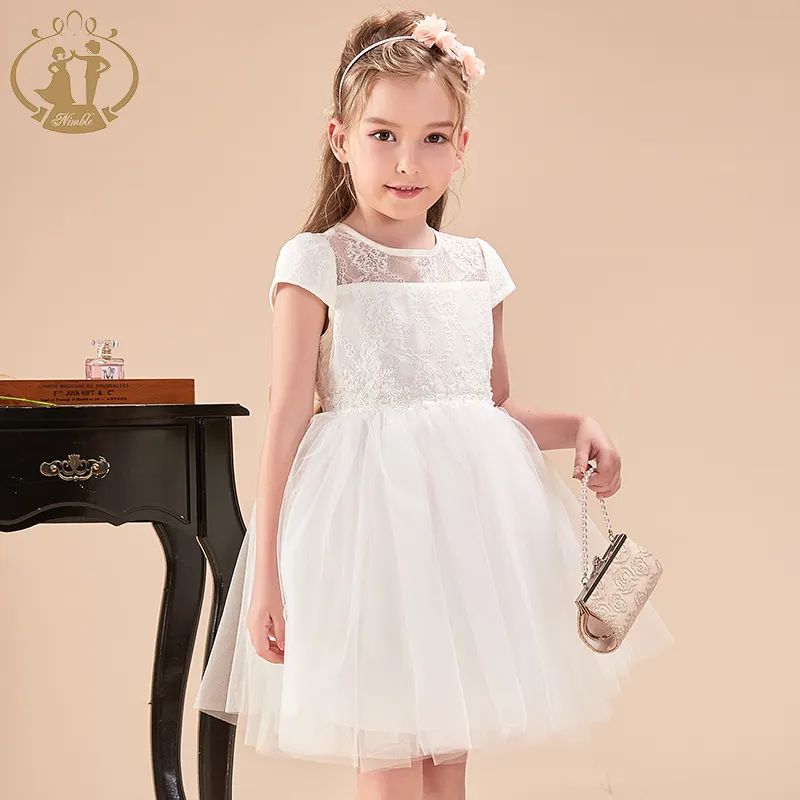 Nimble vestido de renda bordado artesanal, vestido branco de festa de aniversário para meninas de 7 anos de idade