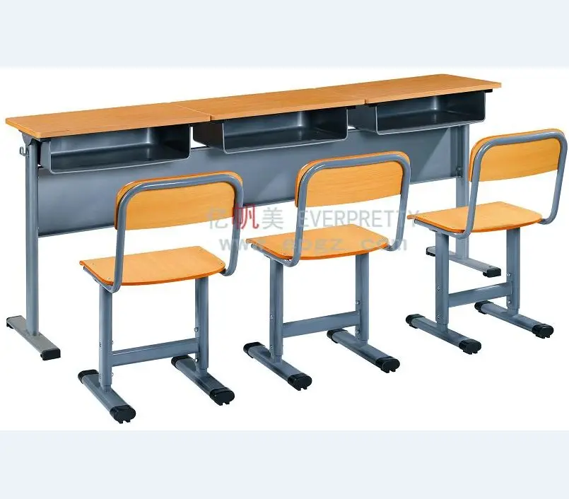 स्कूल के फर्नीचर कक्षा तीन सीटों वाले लकड़ी की मेज और कुर्सी