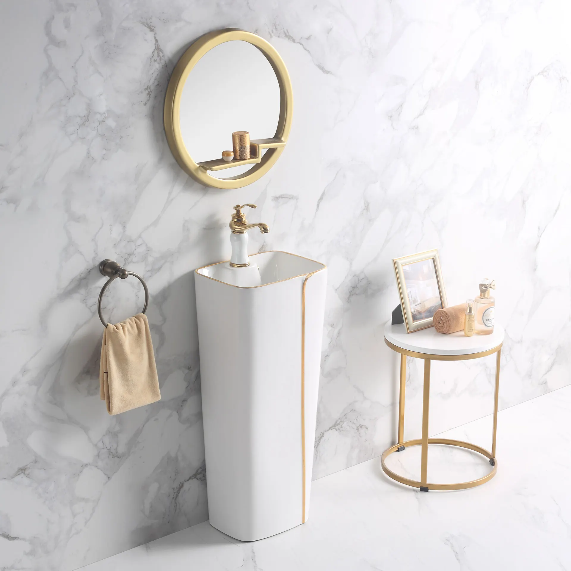 豪華なデザインホワイトゴールドボーダーセラミック洗面器シンクアートカラー新モデル自立型バスルーム台座洗面台