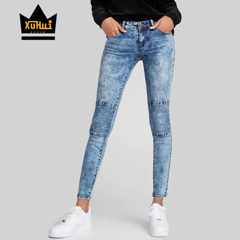 Factory direct snow washed custom biker skinny ripped jeggings high waist jeans for women