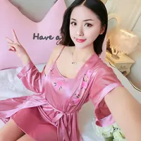 Großhandel Frauen sehen durch Eis Seide Robe Nachthemd 2 Stück Pyjamas Sets Halbarm Sexy Flitter wochen Dessous Kleid Nachtwäsche