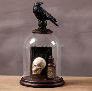 Halloween skull and Crow decoration with glass dome gift creepy - Product Image 3