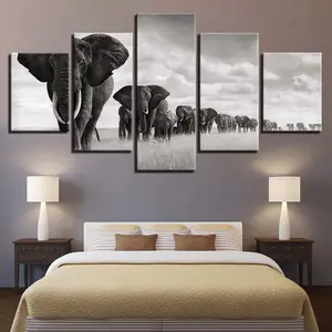 Quadro de parede com 5 painéis de arte, pintura de elefante hd, imagem para sala, mural de lona moderna