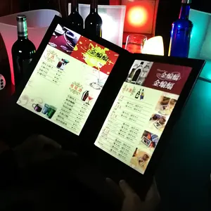 Logo Merek OEM Ukuran Ganda Bar Hotel Restoran Elektronik LED Dapat Diisi Ulang Akrilik Pegangan Menu Kulit PU