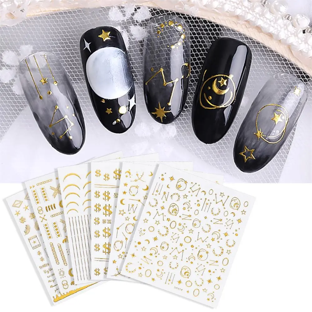 R Series SHE Series Adhesive Nail Art Sticker Metallic Star Moon Golden Silver Hollow Sequins Studs Letters Manicure DIY Decal