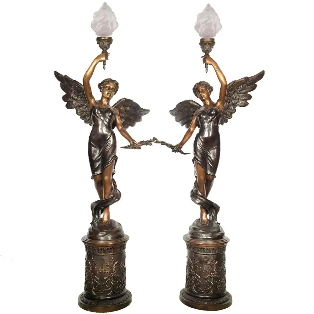 Sculptures d'ange en Bronze Antique, 2 pièces, pilier de lampe d'intérieur, paire de Sculpture en cuivre