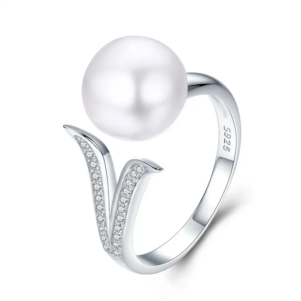 BAGREER SCR248 New Fashion Designs Big Bead Pearl Opening Ring Pure Silver 925 CZ Stone Simple Adjustable Ring Women