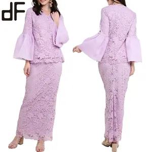 Kebaya सूट Baju Kurung OEM फैंसी फैशन मॉडल Baju Kurung आधुनिक मलेशिया Organza फीता मुस्लिम महिलाओं कश आस्तीन वायलेट वयस्कों