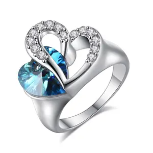 Venta al por mayor 18K chapado en oro blanco platino Titanic Corazón de Océano Azul anillo de corazón de cristal anillo de boda