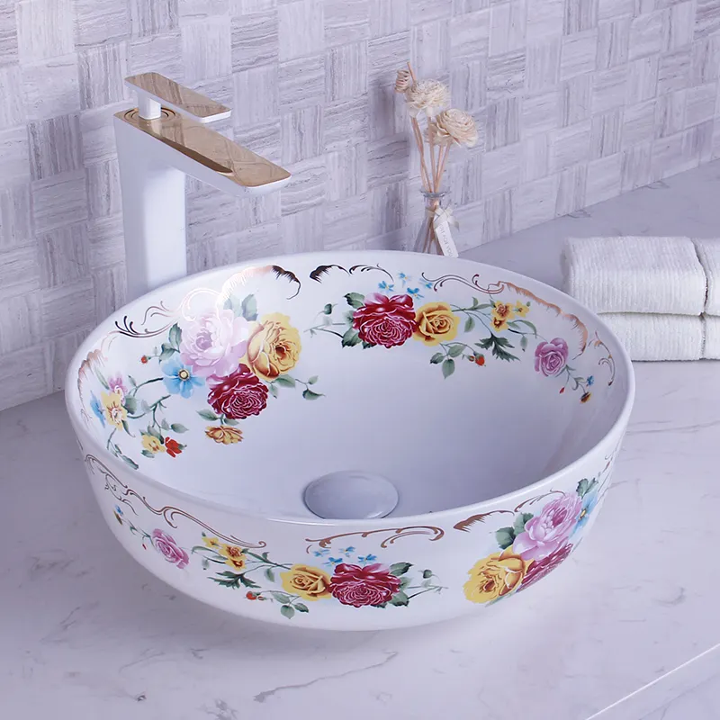 Lavabo de salle de bains en céramique, artistique, Noble, fleur dorée, éviers de salle de bains