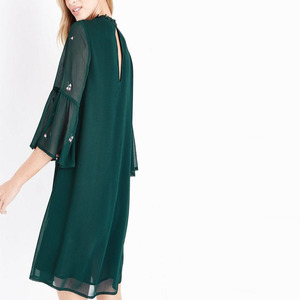 Mujeres moda floral verde oscuro bordado <span class=keywords><strong>Bell</strong></span> manga vestido - Product Image 3