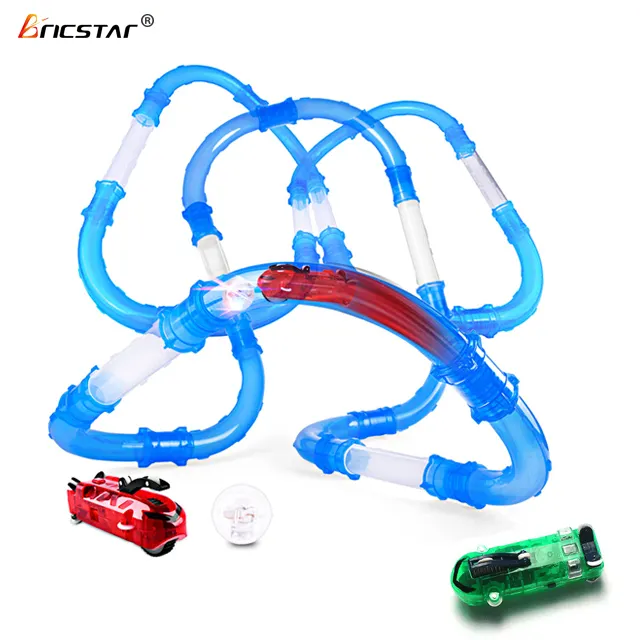 Bricstar DIY education mini rc racing pipeline track car, high speed magic pipe track car toy