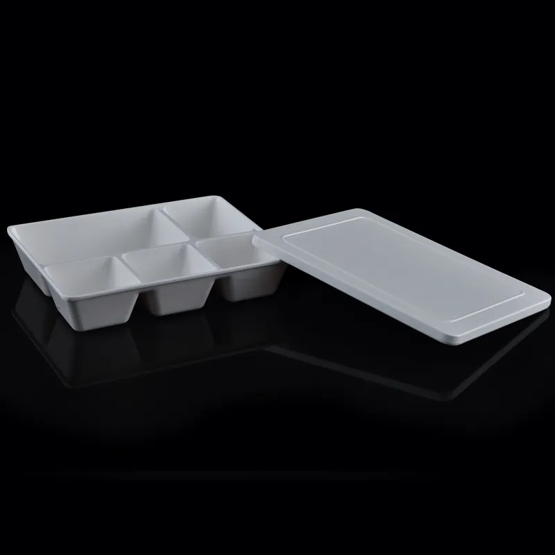 टिकाऊ 10 इंच melamine के प्लेटों विभाजित ट्रे 5 डिब्बे प्लेट ढक्कन के साथ दोपहर के भोजन के बॉक्स
