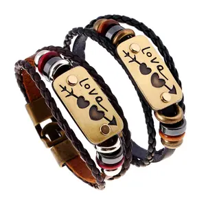 2 unids/lote amantes pareja pulsera de cuero encanto doble corazón amor pulsera de aleación