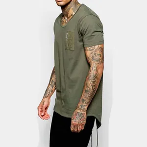 Longline anti-shrink pocket short sleeve cotton/polyester fishtail hem custom cut and sew t shirts