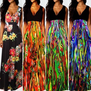Del Verano imprimir vestido estampado de largo vestidos de dama de la moda V Cuello delgado Vestido de Gasa - Product Image 2