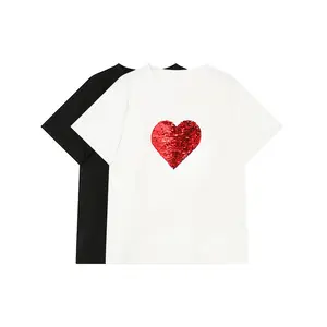 Summer New Women's European And American Sequins Red Heart Round Neck Short-sleeved T-shirt